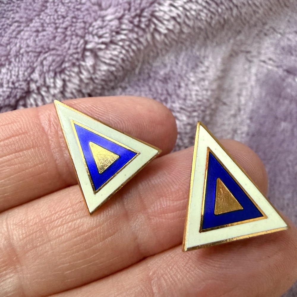Vintage Duri Geometric Blue and Gold Colored Triangle Earrings